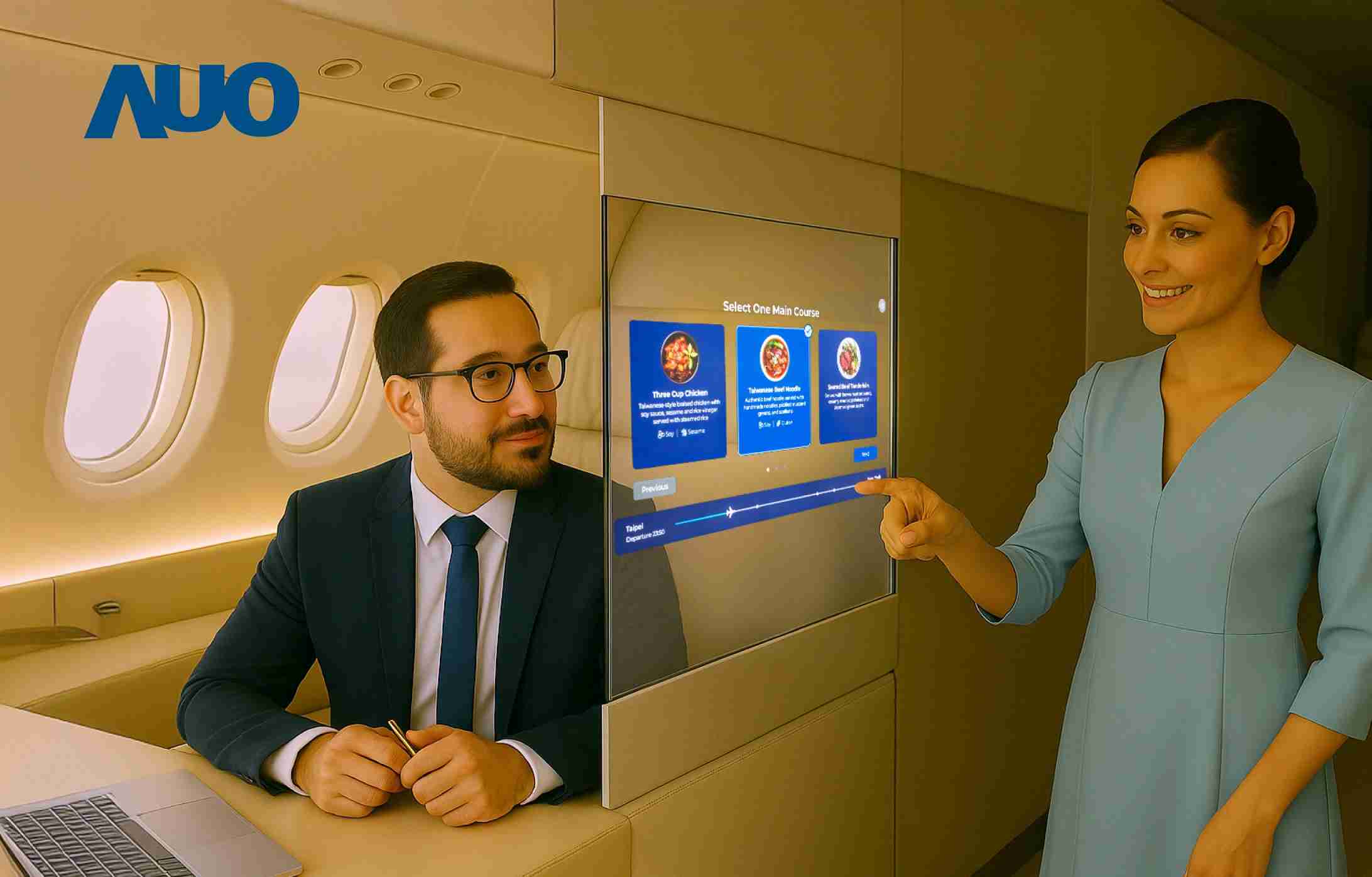 开云电子研发全球最薄17.3 吋双面透明 Micro LED 显示器，，，可在同一屏幕之双边投射不同信息，，创造独特的”透明化”互动；图为实时翻译交流应用情境